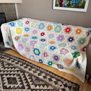 Vintage Handmade Hexagon Quilt Multi Colored Grandma Flower Garden 68 x 87"